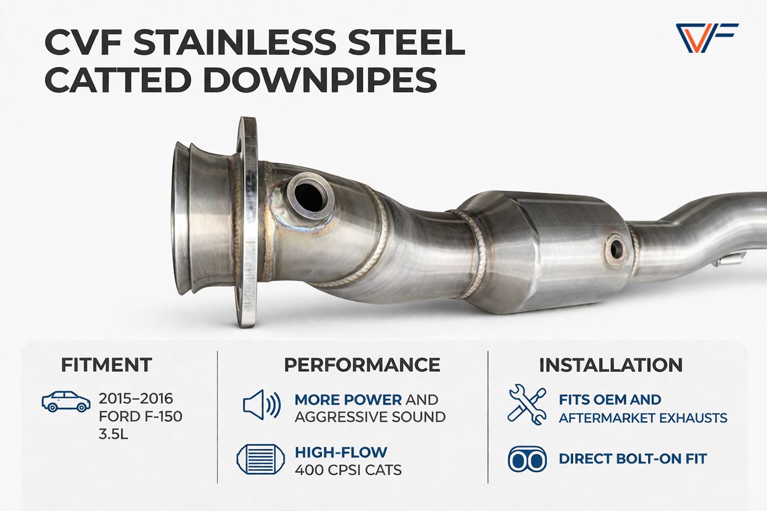CVF Stainless Steel Catted Downpipes (2015-2020 Ford F-150 2.7L EcoBoost) CV Fabrication (CVF) 